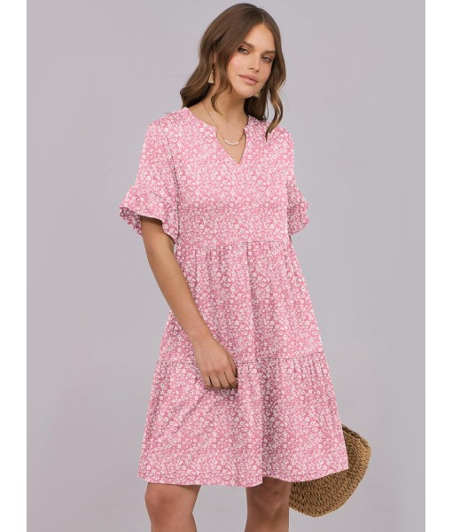 ANRABESS Womens Summer 2025 Trendy Ruffle Short Sleeve V Neck A Line Tiered Flowy Loose Casual Mini Beach Dress with Pockets