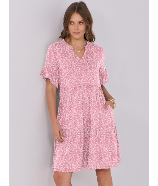 ANRABESS Womens Summer 2025 Trendy Ruffle Short Sleeve V Neck A Line Tiered Flowy Loose Casual Mini Beach Dress with Pockets