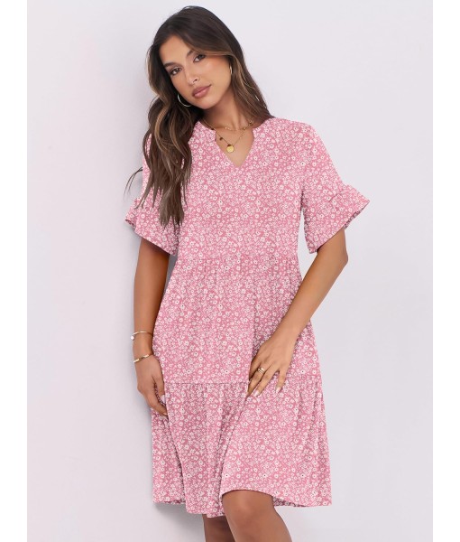 ANRABESS Womens Summer 2025 Trendy Ruffle Short Sleeve V Neck A Line Tiered Flowy Loose Casual Mini Beach Dress with Pockets