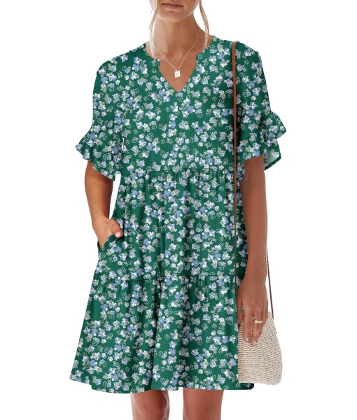 ANRABESS Womens Summer 2025 Trendy Ruffle Short Sleeve V Neck A Line Tiered Flowy Loose Casual Mini Beach Dress with Pockets