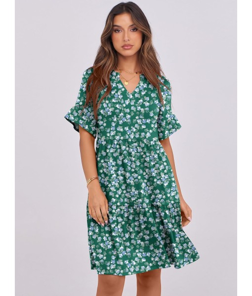 ANRABESS Womens Summer 2025 Trendy Ruffle Short Sleeve V Neck A Line Tiered Flowy Loose Casual Mini Beach Dress with Pockets