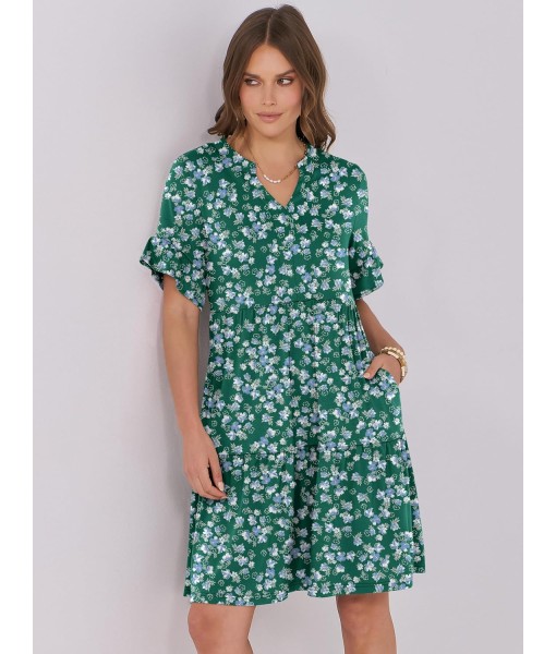 ANRABESS Womens Summer 2025 Trendy Ruffle Short Sleeve V Neck A Line Tiered Flowy Loose Casual Mini Beach Dress with Pockets