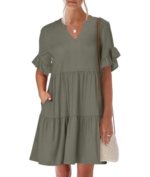 ANRABESS Womens Summer 2025 Trendy Ruffle Short Sleeve V Neck A Line Tiered Flowy Loose Casual Mini Beach Dress with Pockets