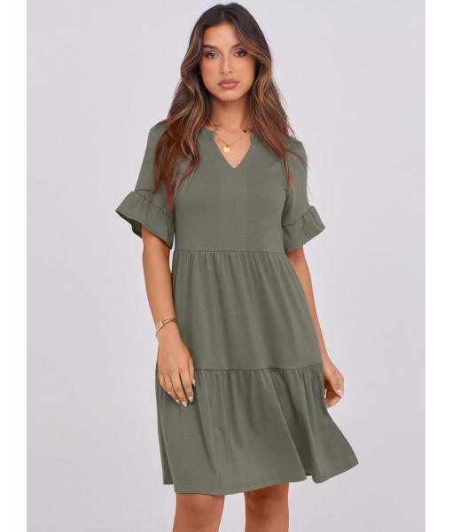 ANRABESS Womens Summer 2025 Trendy Ruffle Short Sleeve V Neck A Line Tiered Flowy Loose Casual Mini Beach Dress with Pockets