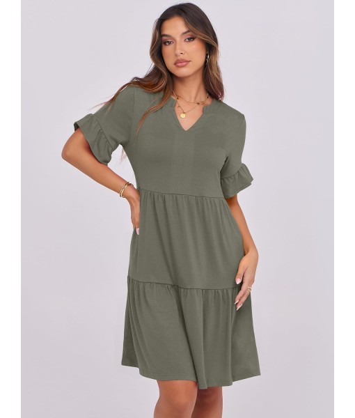 ANRABESS Womens Summer 2025 Trendy Ruffle Short Sleeve V Neck A Line Tiered Flowy Loose Casual Mini Beach Dress with Pockets