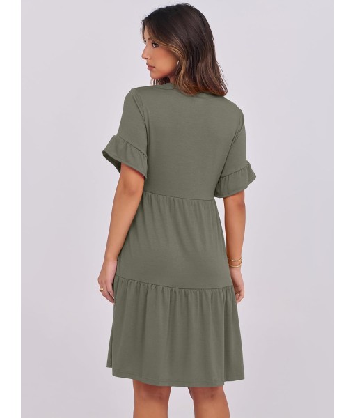 ANRABESS Womens Summer 2025 Trendy Ruffle Short Sleeve V Neck A Line Tiered Flowy Loose Casual Mini Beach Dress with Pockets