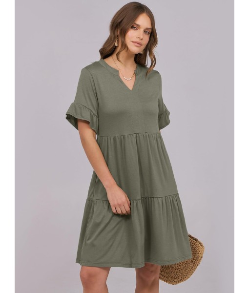 ANRABESS Womens Summer 2025 Trendy Ruffle Short Sleeve V Neck A Line Tiered Flowy Loose Casual Mini Beach Dress with Pockets