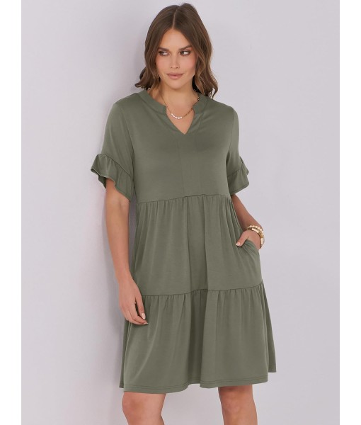 ANRABESS Womens Summer 2025 Trendy Ruffle Short Sleeve V Neck A Line Tiered Flowy Loose Casual Mini Beach Dress with Pockets
