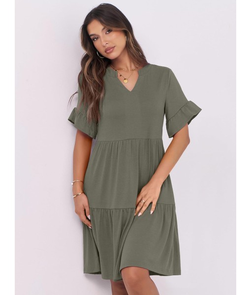 ANRABESS Womens Summer 2025 Trendy Ruffle Short Sleeve V Neck A Line Tiered Flowy Loose Casual Mini Beach Dress with Pockets