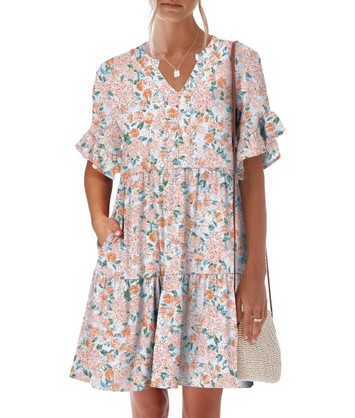 ANRABESS Womens Summer 2025 Trendy Ruffle Short Sleeve V Neck A Line Tiered Flowy Loose Casual Mini Beach Dress with Pockets