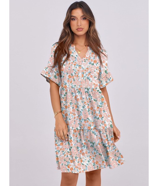 ANRABESS Womens Summer 2025 Trendy Ruffle Short Sleeve V Neck A Line Tiered Flowy Loose Casual Mini Beach Dress with Pockets