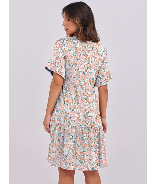 ANRABESS Womens Summer 2025 Trendy Ruffle Short Sleeve V Neck A Line Tiered Flowy Loose Casual Mini Beach Dress with Pockets