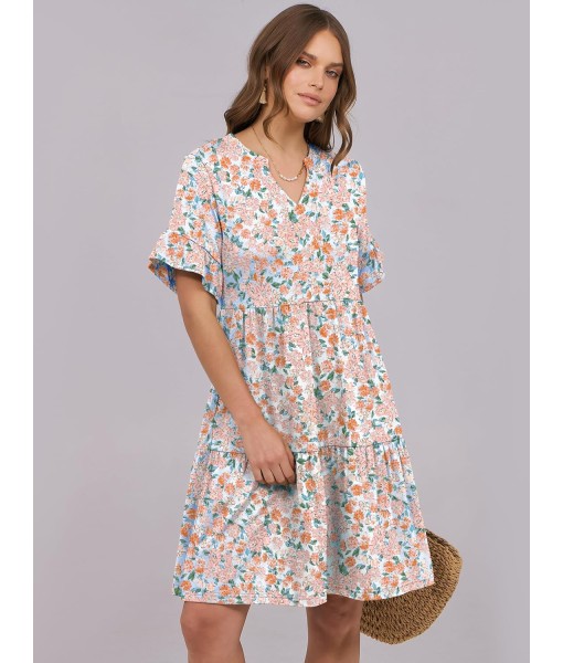 ANRABESS Womens Summer 2025 Trendy Ruffle Short Sleeve V Neck A Line Tiered Flowy Loose Casual Mini Beach Dress with Pockets