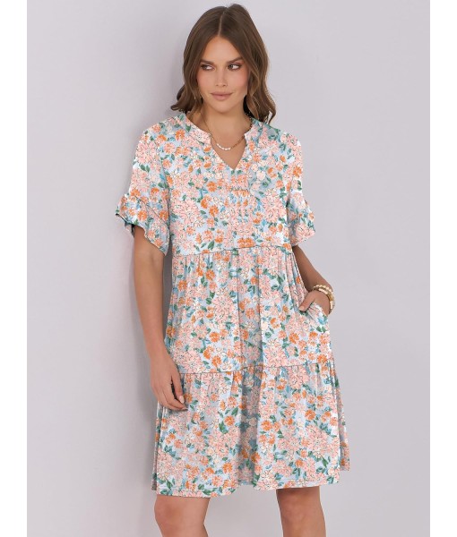 ANRABESS Womens Summer 2025 Trendy Ruffle Short Sleeve V Neck A Line Tiered Flowy Loose Casual Mini Beach Dress with Pockets