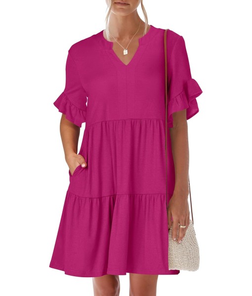 ANRABESS Womens Summer 2025 Trendy Ruffle Short Sleeve V Neck A Line Tiered Flowy Loose Casual Mini Beach Dress with Pockets
