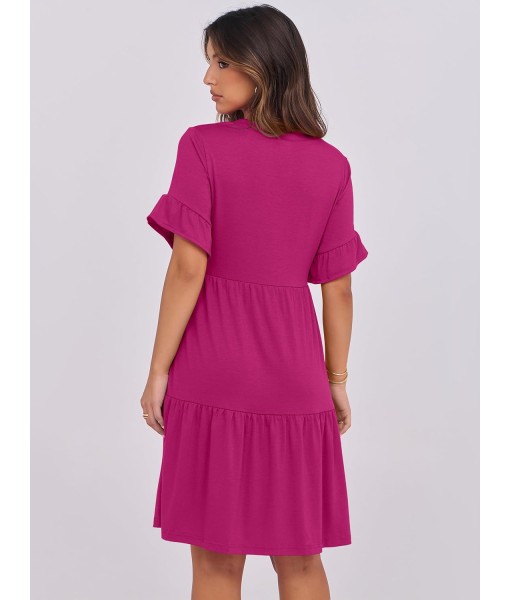 ANRABESS Womens Summer 2025 Trendy Ruffle Short Sleeve V Neck A Line Tiered Flowy Loose Casual Mini Beach Dress with Pockets