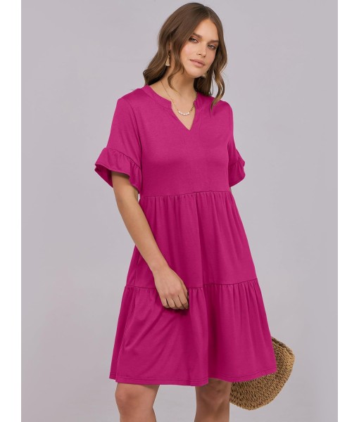 ANRABESS Womens Summer 2025 Trendy Ruffle Short Sleeve V Neck A Line Tiered Flowy Loose Casual Mini Beach Dress with Pockets