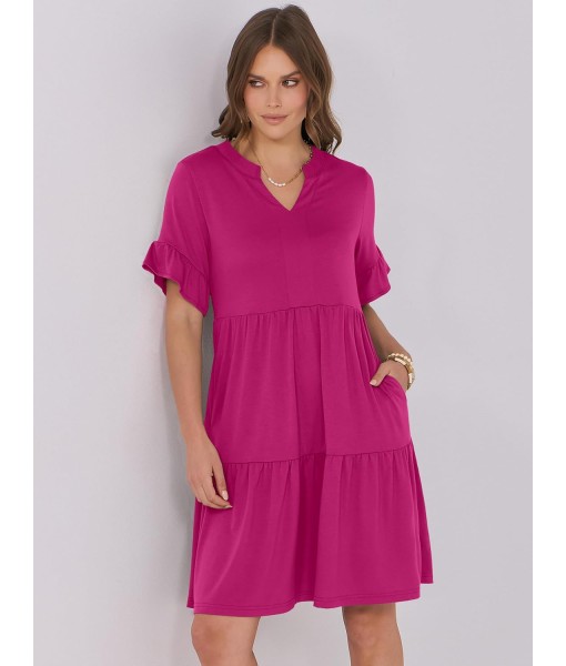 ANRABESS Womens Summer 2025 Trendy Ruffle Short Sleeve V Neck A Line Tiered Flowy Loose Casual Mini Beach Dress with Pockets