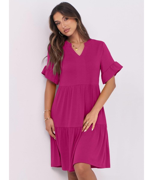 ANRABESS Womens Summer 2025 Trendy Ruffle Short Sleeve V Neck A Line Tiered Flowy Loose Casual Mini Beach Dress with Pockets