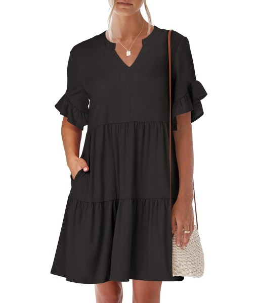 ANRABESS Womens Summer 2025 Trendy Ruffle Short Sleeve V Neck A Line Tiered Flowy Loose Casual Mini Beach Dress with Pockets