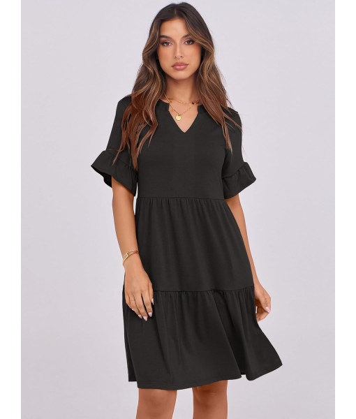 ANRABESS Womens Summer 2025 Trendy Ruffle Short Sleeve V Neck A Line Tiered Flowy Loose Casual Mini Beach Dress with Pockets