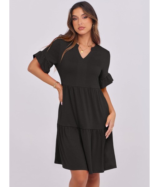 ANRABESS Womens Summer 2025 Trendy Ruffle Short Sleeve V Neck A Line Tiered Flowy Loose Casual Mini Beach Dress with Pockets