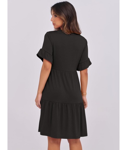 ANRABESS Womens Summer 2025 Trendy Ruffle Short Sleeve V Neck A Line Tiered Flowy Loose Casual Mini Beach Dress with Pockets