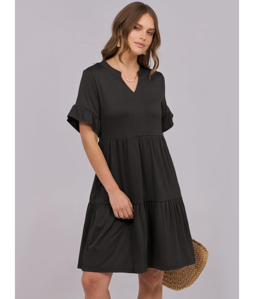 ANRABESS Womens Summer 2025 Trendy Ruffle Short Sleeve V Neck A Line Tiered Flowy Loose Casual Mini Beach Dress with Pockets
