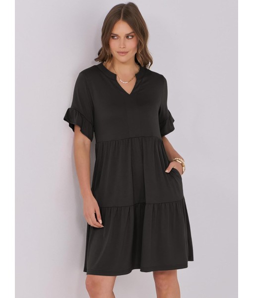 ANRABESS Womens Summer 2025 Trendy Ruffle Short Sleeve V Neck A Line Tiered Flowy Loose Casual Mini Beach Dress with Pockets