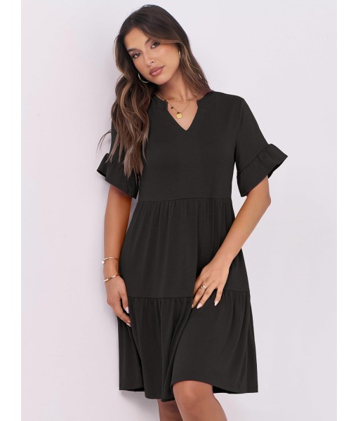 ANRABESS Womens Summer 2025 Trendy Ruffle Short Sleeve V Neck A Line Tiered Flowy Loose Casual Mini Beach Dress with Pockets