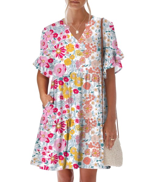 ANRABESS Womens Summer 2025 Trendy Ruffle Short Sleeve V Neck A Line Tiered Flowy Loose Casual Mini Beach Dress with Pockets