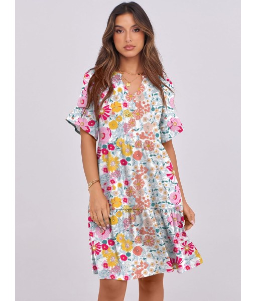 ANRABESS Womens Summer 2025 Trendy Ruffle Short Sleeve V Neck A Line Tiered Flowy Loose Casual Mini Beach Dress with Pockets