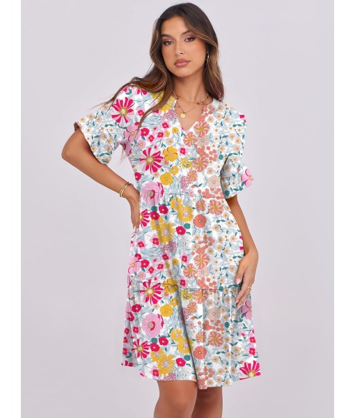 ANRABESS Womens Summer 2025 Trendy Ruffle Short Sleeve V Neck A Line Tiered Flowy Loose Casual Mini Beach Dress with Pockets