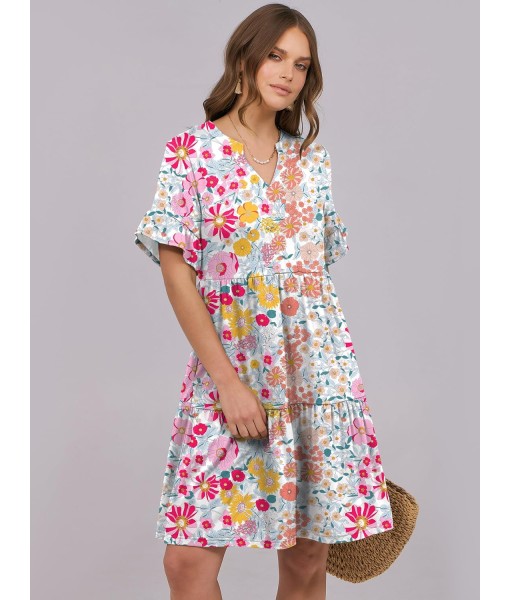 ANRABESS Womens Summer 2025 Trendy Ruffle Short Sleeve V Neck A Line Tiered Flowy Loose Casual Mini Beach Dress with Pockets