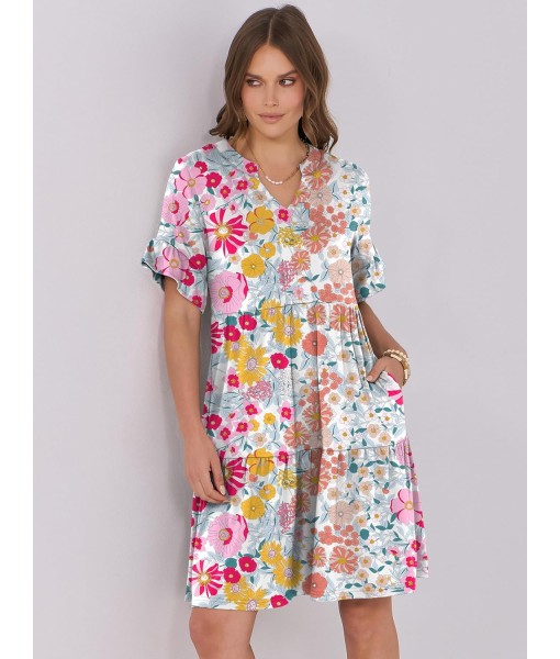 ANRABESS Womens Summer 2025 Trendy Ruffle Short Sleeve V Neck A Line Tiered Flowy Loose Casual Mini Beach Dress with Pockets