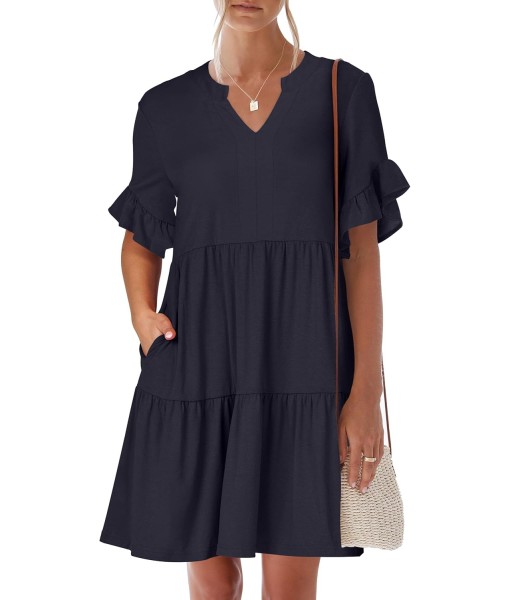 ANRABESS Womens Summer 2025 Trendy Ruffle Short Sleeve V Neck A Line Tiered Flowy Loose Casual Mini Beach Dress with Pockets