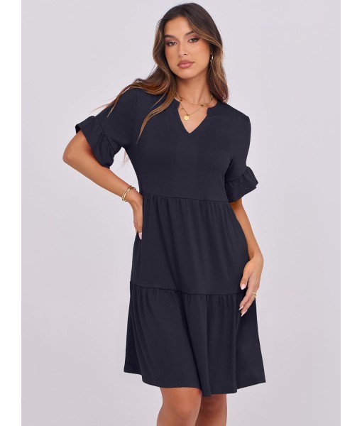 ANRABESS Womens Summer 2025 Trendy Ruffle Short Sleeve V Neck A Line Tiered Flowy Loose Casual Mini Beach Dress with Pockets