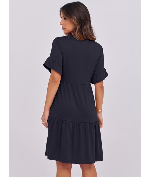ANRABESS Womens Summer 2025 Trendy Ruffle Short Sleeve V Neck A Line Tiered Flowy Loose Casual Mini Beach Dress with Pockets
