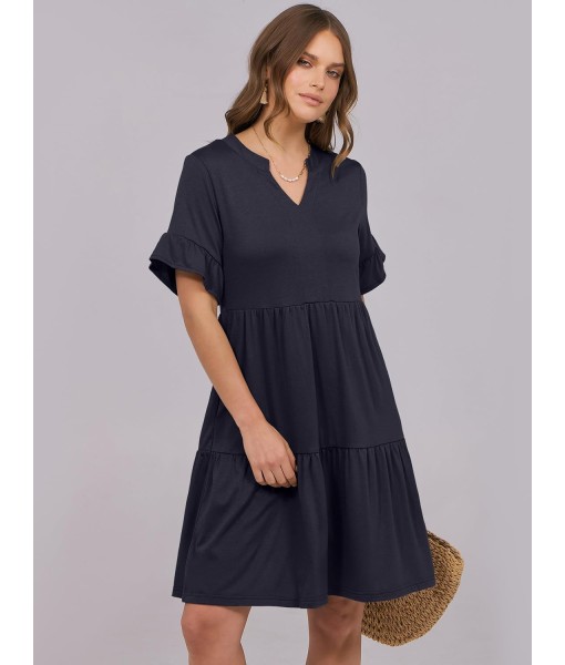 ANRABESS Womens Summer 2025 Trendy Ruffle Short Sleeve V Neck A Line Tiered Flowy Loose Casual Mini Beach Dress with Pockets