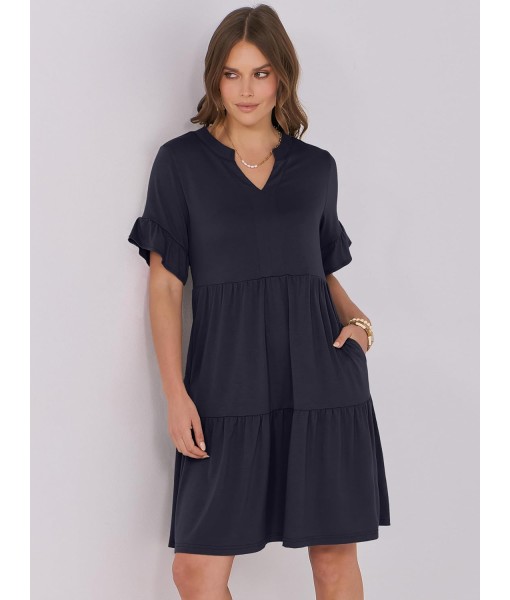 ANRABESS Womens Summer 2025 Trendy Ruffle Short Sleeve V Neck A Line Tiered Flowy Loose Casual Mini Beach Dress with Pockets