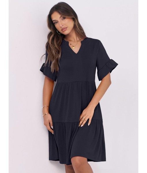 ANRABESS Womens Summer 2025 Trendy Ruffle Short Sleeve V Neck A Line Tiered Flowy Loose Casual Mini Beach Dress with Pockets