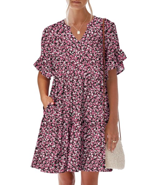 ANRABESS Womens Summer 2025 Trendy Ruffle Short Sleeve V Neck A Line Tiered Flowy Loose Casual Mini Beach Dress with Pockets
