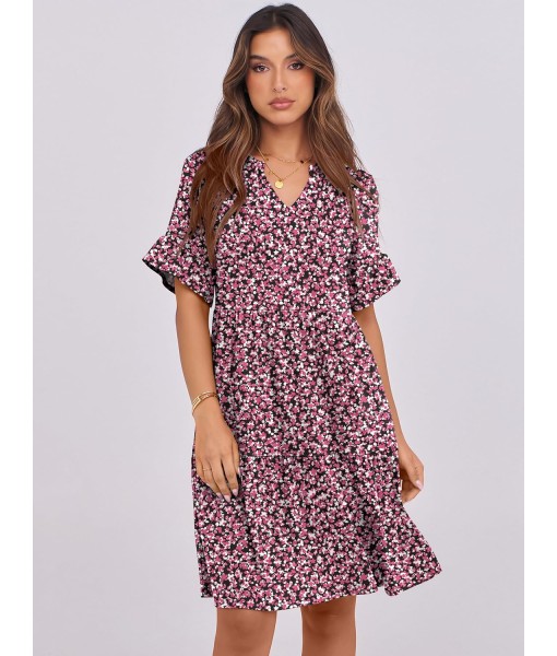 ANRABESS Womens Summer 2025 Trendy Ruffle Short Sleeve V Neck A Line Tiered Flowy Loose Casual Mini Beach Dress with Pockets