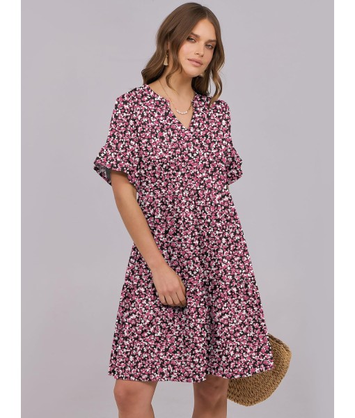 ANRABESS Womens Summer 2025 Trendy Ruffle Short Sleeve V Neck A Line Tiered Flowy Loose Casual Mini Beach Dress with Pockets