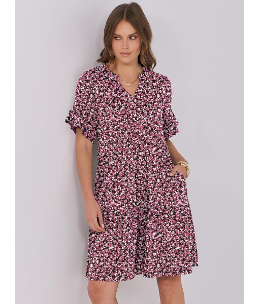 ANRABESS Womens Summer 2025 Trendy Ruffle Short Sleeve V Neck A Line Tiered Flowy Loose Casual Mini Beach Dress with Pockets
