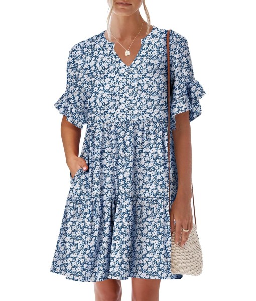 ANRABESS Womens Summer 2025 Trendy Ruffle Short Sleeve V Neck A Line Tiered Flowy Loose Casual Mini Beach Dress with Pockets