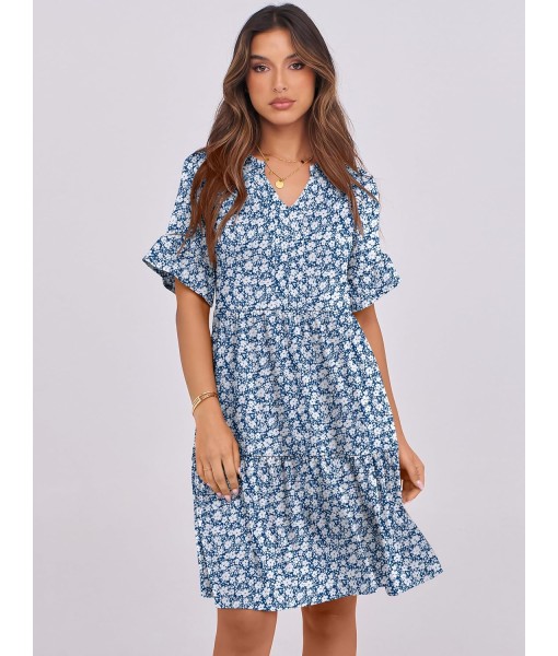 ANRABESS Womens Summer 2025 Trendy Ruffle Short Sleeve V Neck A Line Tiered Flowy Loose Casual Mini Beach Dress with Pockets