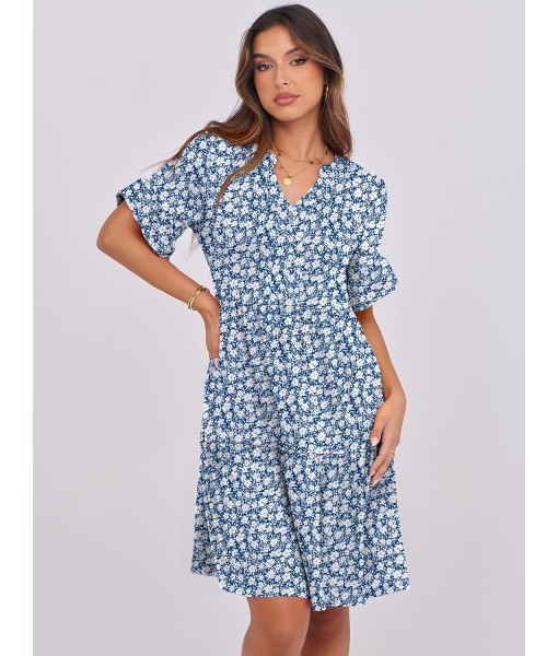 ANRABESS Womens Summer 2025 Trendy Ruffle Short Sleeve V Neck A Line Tiered Flowy Loose Casual Mini Beach Dress with Pockets