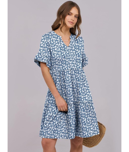 ANRABESS Womens Summer 2025 Trendy Ruffle Short Sleeve V Neck A Line Tiered Flowy Loose Casual Mini Beach Dress with Pockets