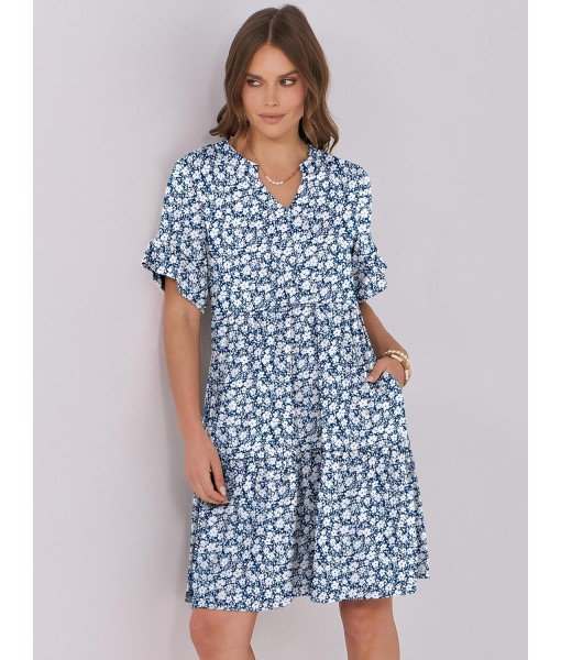 ANRABESS Womens Summer 2025 Trendy Ruffle Short Sleeve V Neck A Line Tiered Flowy Loose Casual Mini Beach Dress with Pockets